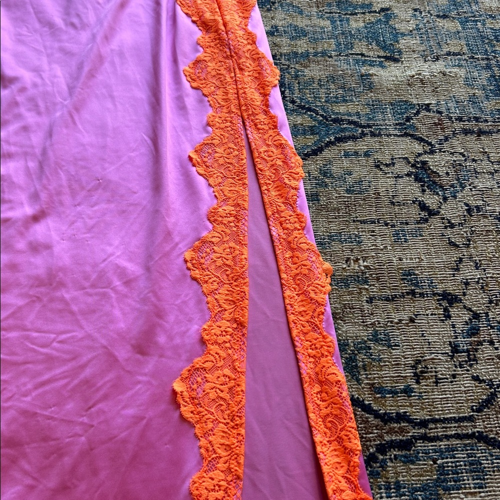 SKIMS Pink Maxi Slip Skirt with Orange Lace Side Panel - Picture 3 of 8